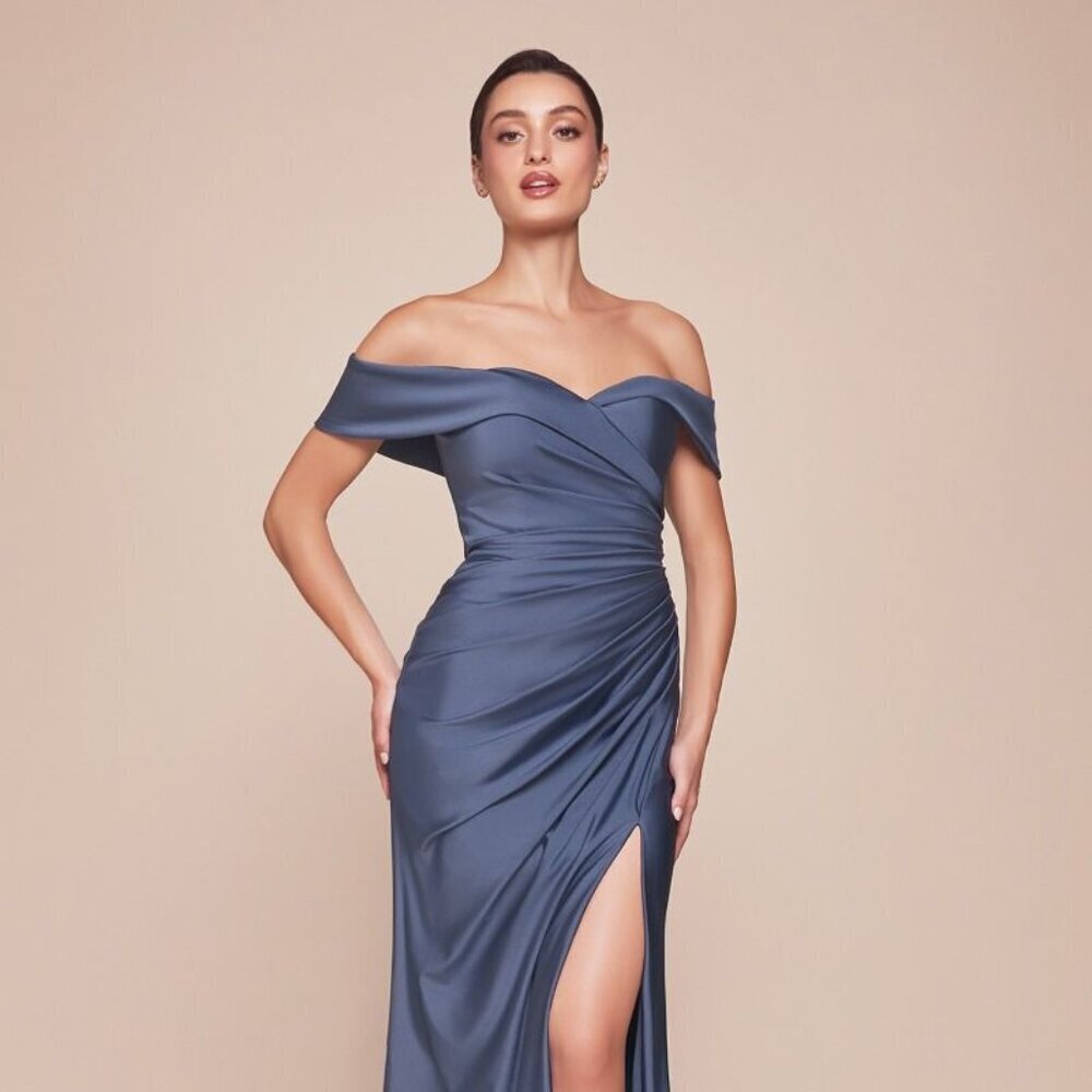 NEW OFF SHOULDER LONG SOFT SATIN DRESS W/ SWEETHEART NECK & SEXY LEG SLIT CD790